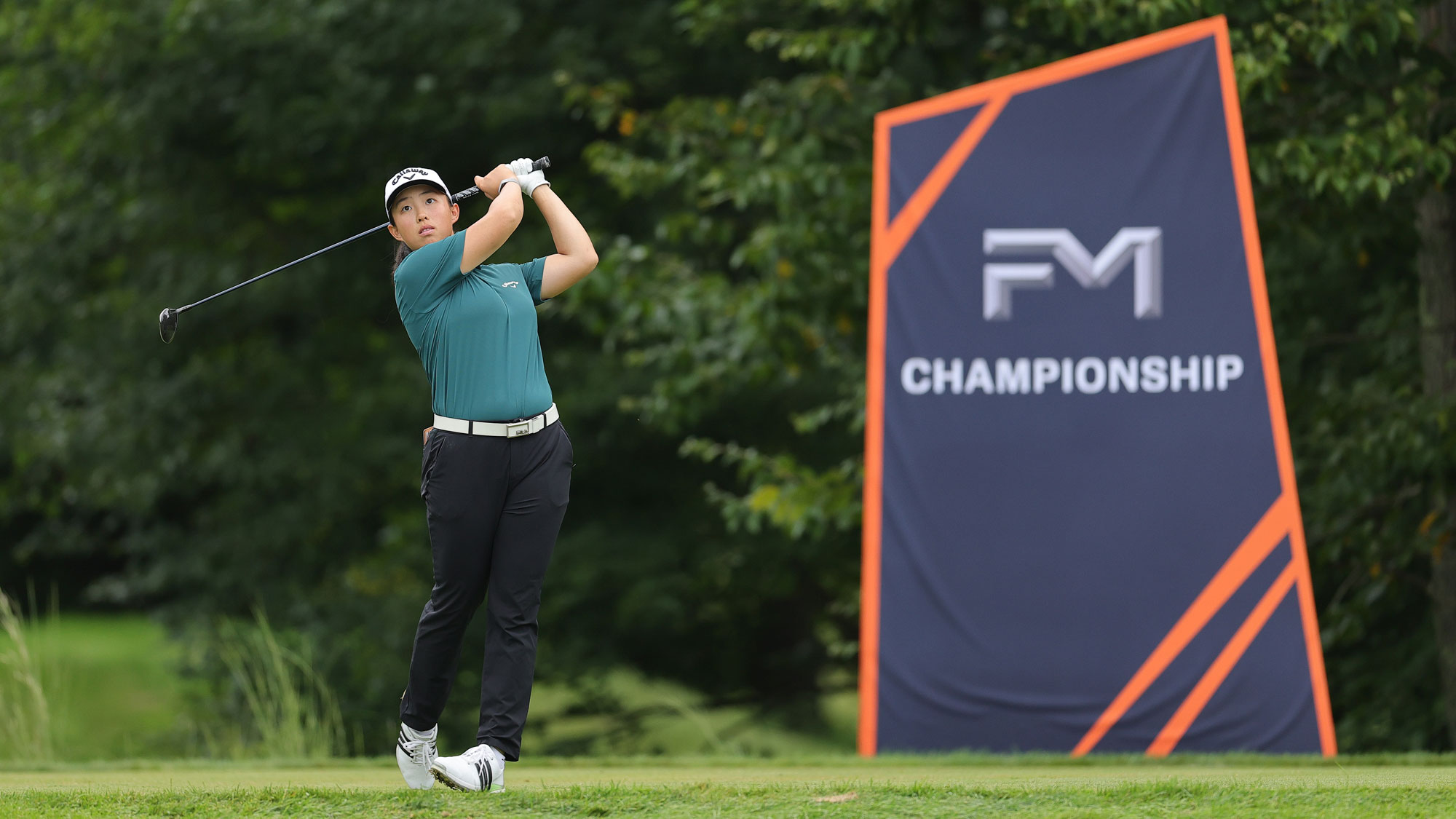 Ruoning Yin of People's Republic of China plays her shot on the fourth tee during the second round of the FM Championship 2026 at TPC Boston on August 28, 2026 in Norton, Massachusetts.